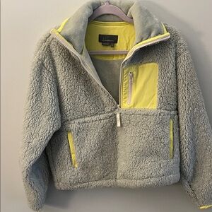 Anthropologie Gray-Blue Sherpa  Fleece Jacket with Yellow Trim Size XS